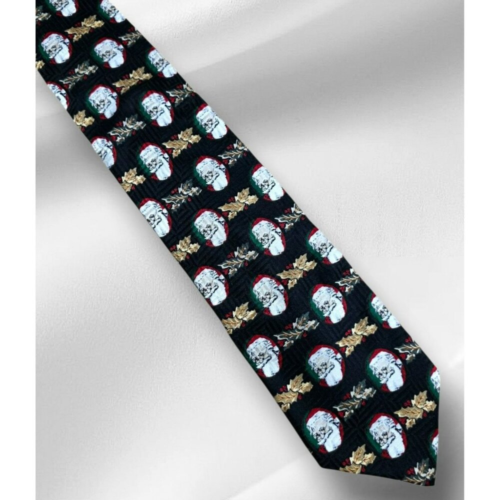 Vintage Christmas Santa Claus Face Silk Neck Tie Black Gold Holly Holiday Party